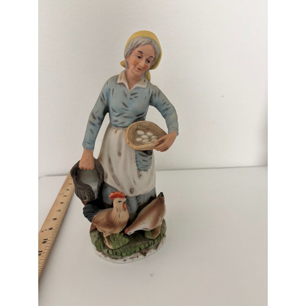 Vtg ardco porcelain figurine of farm woman gathering eggs with chickens